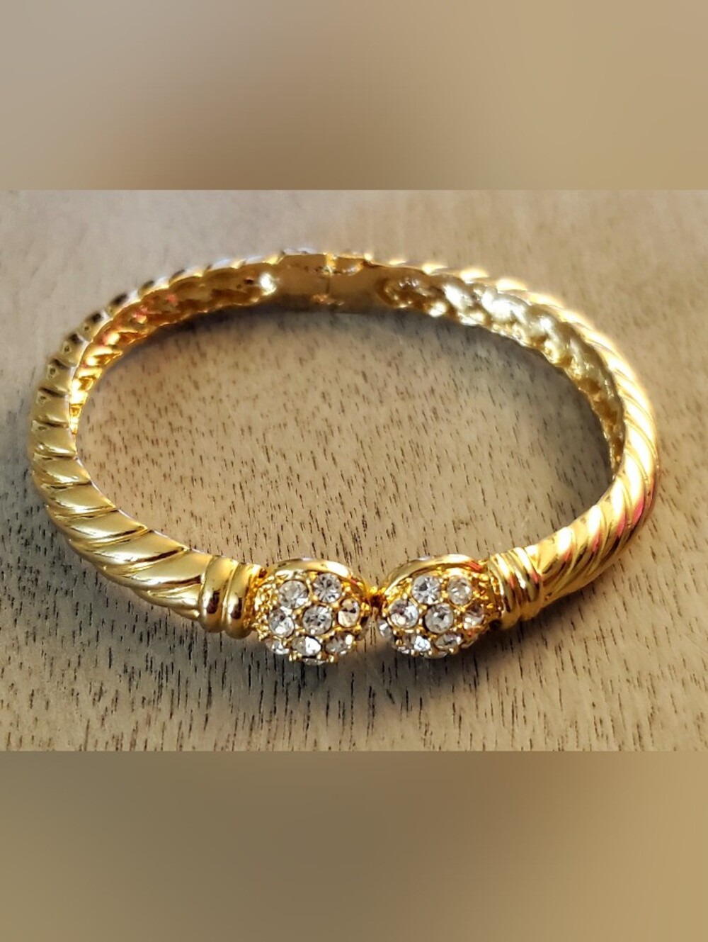 Gold Crystal Accent Twisted Hinge Clamper Bangle Bracelet